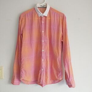 Louis Philippe At Leisure Button Up Shirt Men 40 Red Orange Plaid Colorful